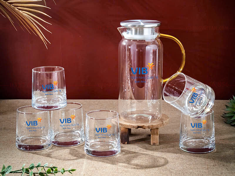 Bộ bình cốc thủy tinh in logo làm quà tặng doanh nghiệp