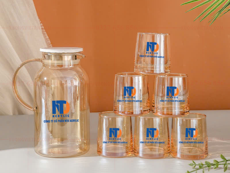 Bộ bình cốc thủy tinh in logo làm quà tặng doanh nghiệp