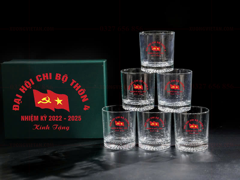 Bộ cốc thủy tinh in logo kỉ niệm làm quà tặng