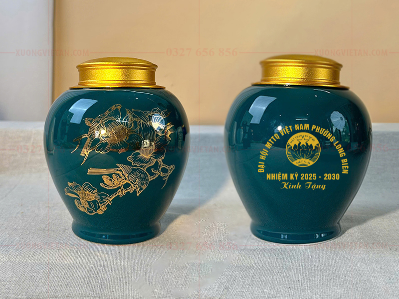Hũ trà in logo mặt trận tổ quốc